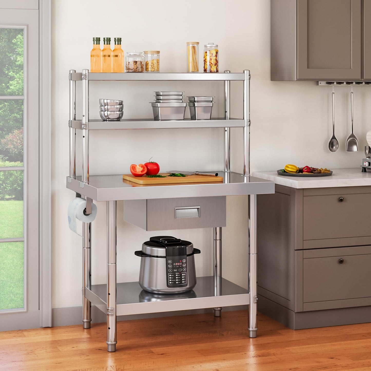 YITAHOME Stainless Steel Adjustable Work Table with 36" 12" Shelf, Overshelves & Drawer - NSF Metal Prep Table for Kitchen, Home, Restaurant & More