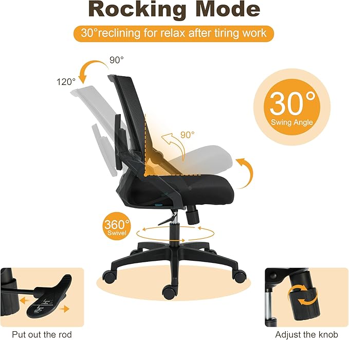 Msdizuo Ergonomic Office Chair, High Back Desk Chair with Adjustable Height, Swivel Chair with Flip-Up Arms and Lumbar Support, Breathable Mesh Computer Chair for Home/Study/Working/Relaxing, (Black)