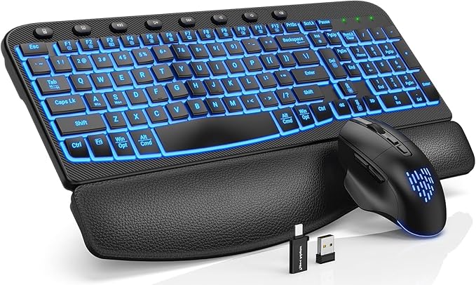 SABLUTE Ergonomic Wireless Keyboard and Mouse Combo - Wave Keyboard with Soft Leather Wrist Rest, Resistant Keys, RGB Back...