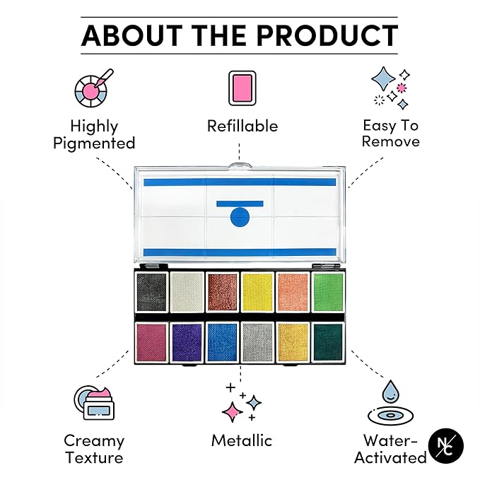 Narrative Cosmetics Metallic 12-Color Palette - Luxurious Water-Activated Makeup for Face & Body - Shimmering Shades for SFX, Cosplay, Theater, Film & TV Makeup Artists