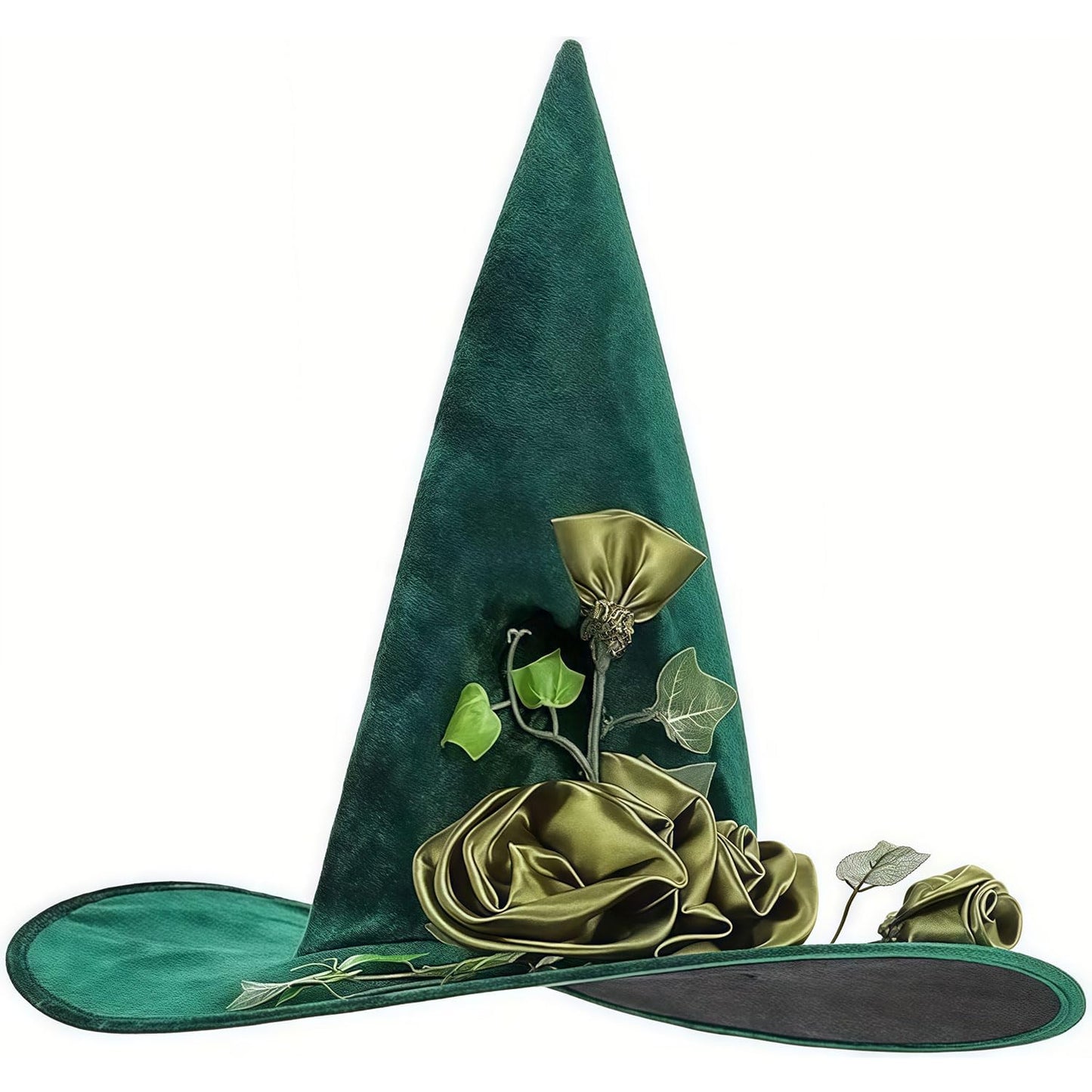 Pvoiue Witch Hat Green Detachable Witch Headband Hat Costume Accessories for Women Halloween Party Elvet Elegant Hats with Vine And Flowe Designs 16.9''x14.9'', 1Pcs