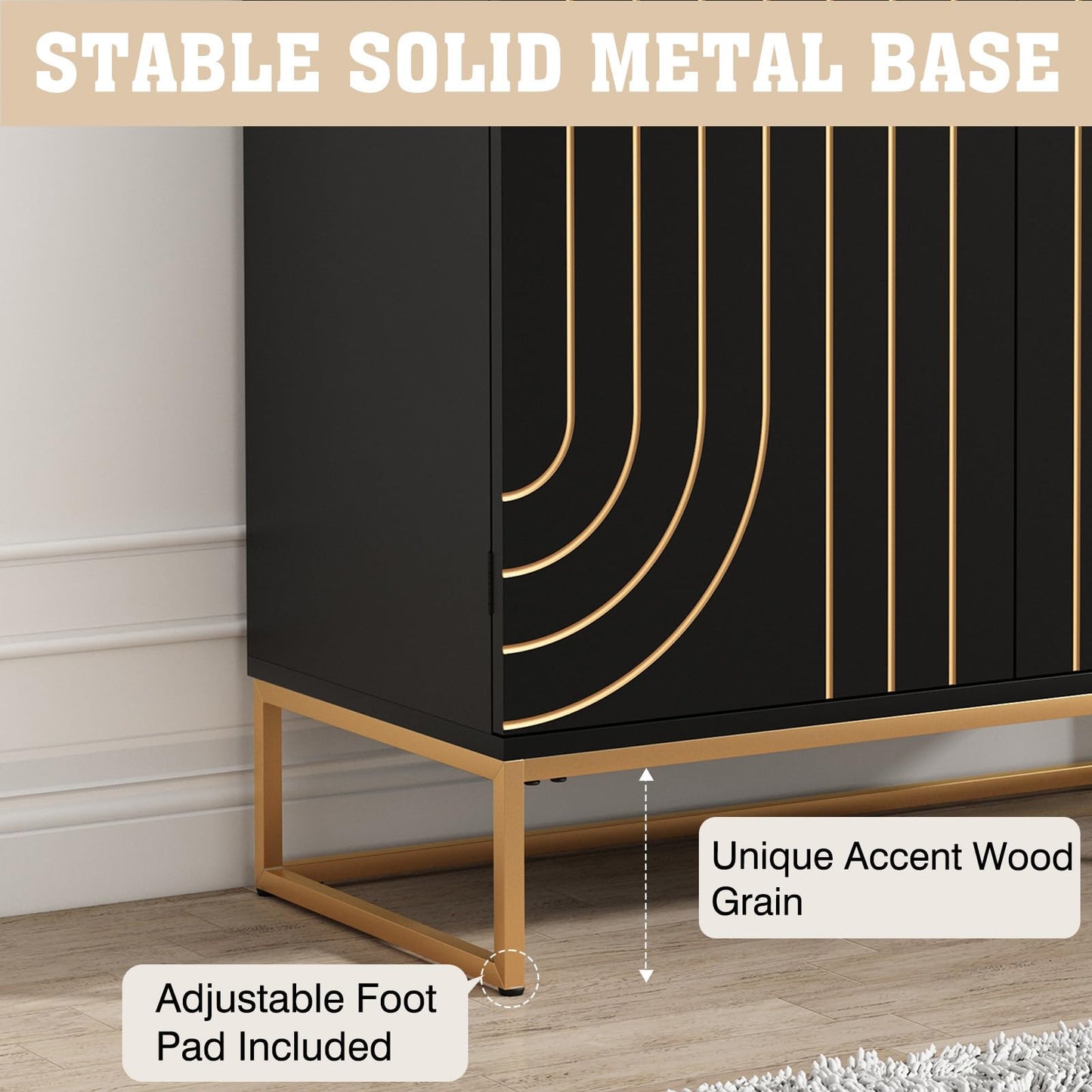 HLR Accent Wood Grain Cabinet with 2 Doors, Storage Cabinet Sideboard with Gold Metal Legs for Living Room,Entryway and Kitchen Dining Room,Black