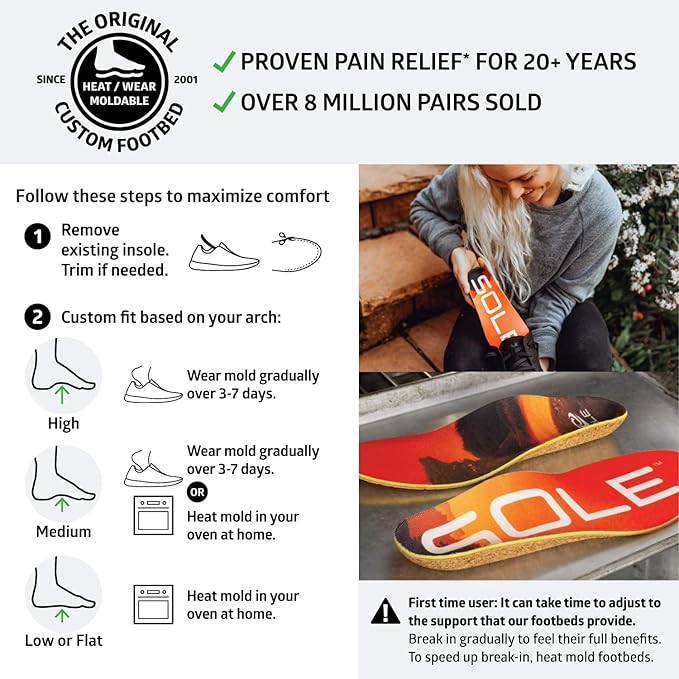 SOLE Performance Medium Insoles - Custom Moldable Orthotic Support for Any Arch Type, Plantar Fasciitis Relief - Mens Size 5/Womens Size 7, 1 Pair