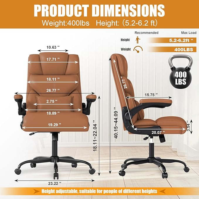 Executive Office Chair with Flip-up Armrests,Ergonomic Computer Desk Chairs,Mid-Tall Back Leather Office Chair 400 Lbs,Lumbar Support Swivel PC Chair with Rocking Function