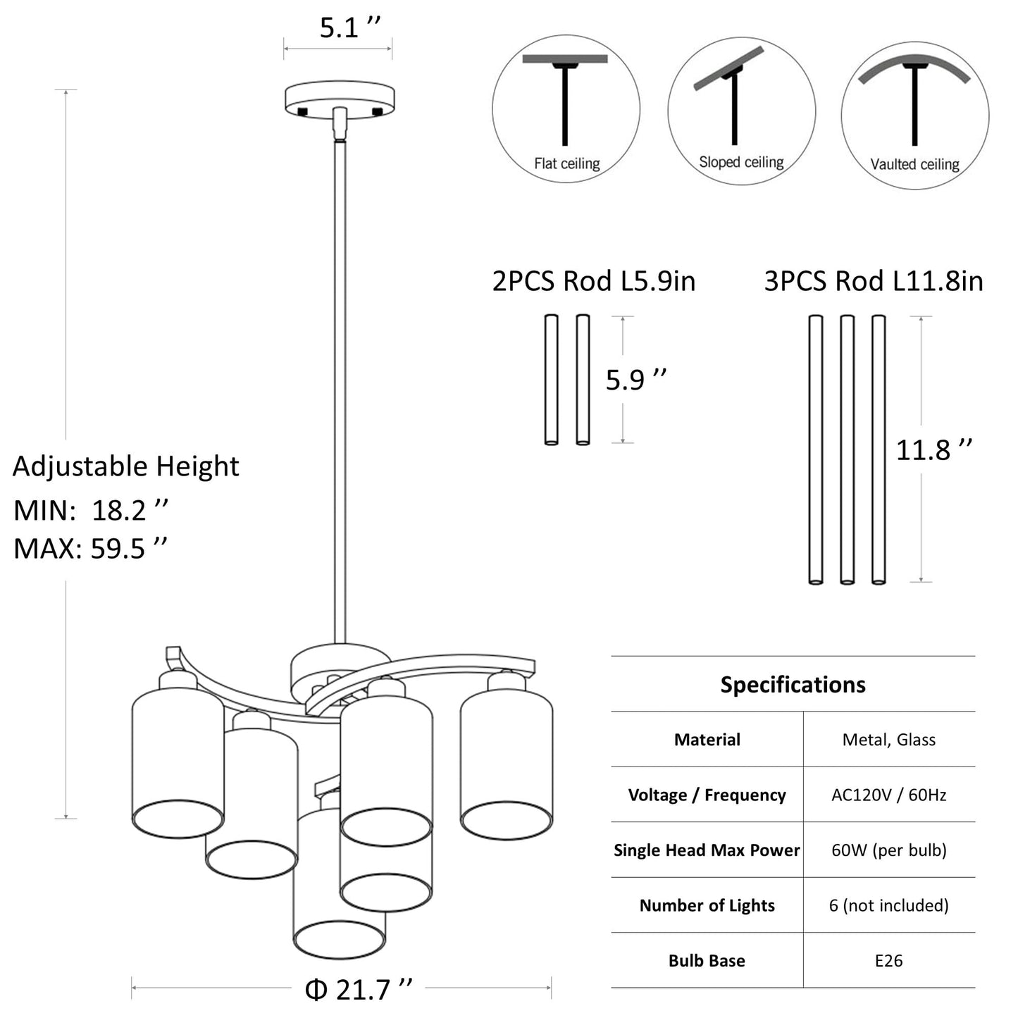 CNRATYE 6-Light Brushed Nickel Chandeliers for Dining Room Light Fixtures Over Table, Adjustable Height Hanging Industrial Pendant Lighting for Kitchen Island Bedroom, Clear Glass Shade
