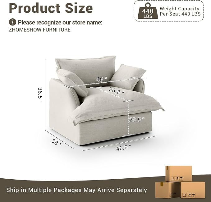 Lopzeho Oversized Cloud Modular Sectional Sofa, Comfy Down Filled Cloud Couch with Removable Cover, Deep Seat Armchair, Single Sofa Chair, Sectional Couches for Living Room, Light Gray