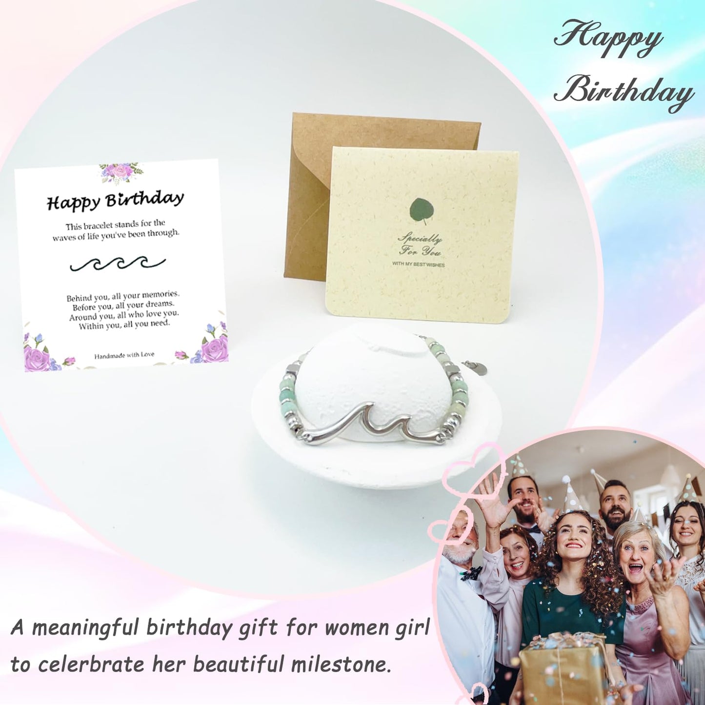 Birthday Gifts for Women, Unique Amazonite Wave Bracelet Gifts for Happy Birthday 18th，21st, 30th, 40th, 50th, 60th Birthday Gift Ideas for Bestie Friend Sister Mom Daughter Wife Grandma Grammy Nonna