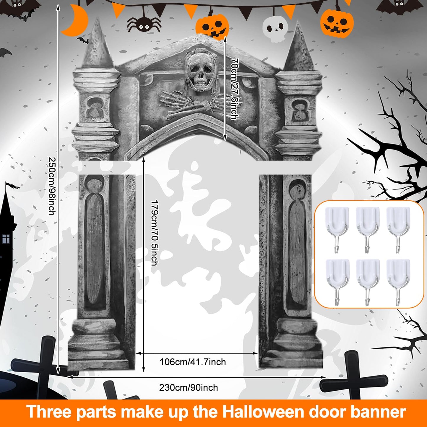 Fanfanwin 3 Pcs Halloween Archway Cemetery Graveyard Decorations Haunted Gothic Mansion Door Cover 3D Halloween Banners Decor Skull with Tombstone Sign Spooky Pillar Sign for Outdoor Party Supplies