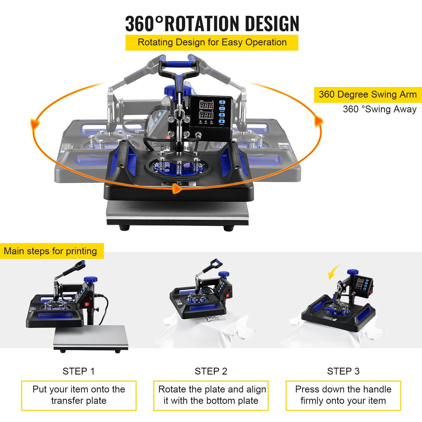 VEVOR Heat Press Machine 12 x 15 Inch 8 in 1 Heat Press Sublimation Machine 360° Rotation Swing Away 8 in 1 Shirt Printing Machine Dual-Tube Heating for DIY T-Shirts Cap & Mugs Blue
