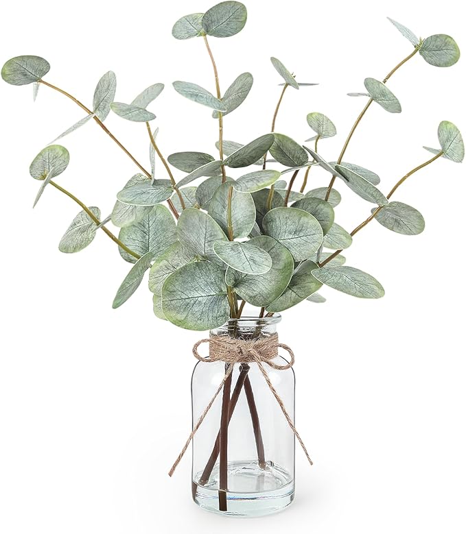 Bessol Artificial Eucalyptus Stems in Glass Vase with Faux Water, 13.5” Fake Plants for Home Decor, Coffee Table Centerpie...