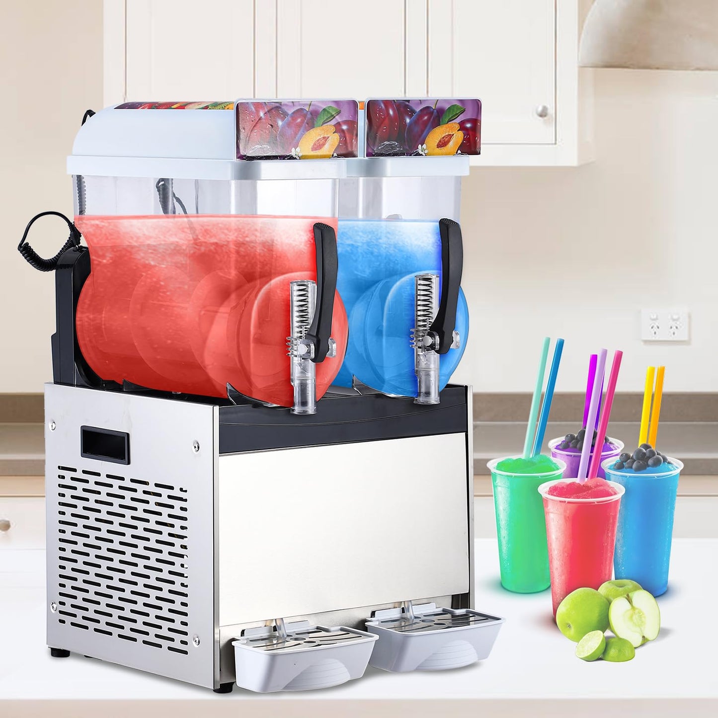 Commercial Slushie Machine - 15L*2 Dual Tank & Triple-Tank Available, Stainless Steel, Self-Cleaning & High-Speed Mixing, Perfect for Frozen Drinks, Margaritas, Coffee, Cocktails, Home, Bars,Black
