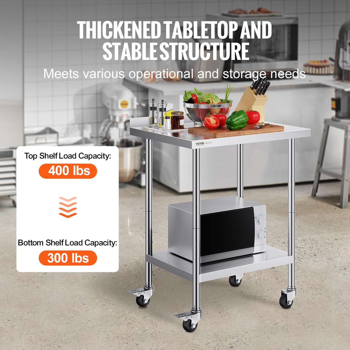 VEVOR Stainless Steel Prep Table, 30 x 24 x 35 Inch, 440lbs Load Capacity Heavy Duty Metal Worktable with Backsplash Adjustable Undershelf & 4 Casters, Commercial Workstation for Kitchen Restaurant