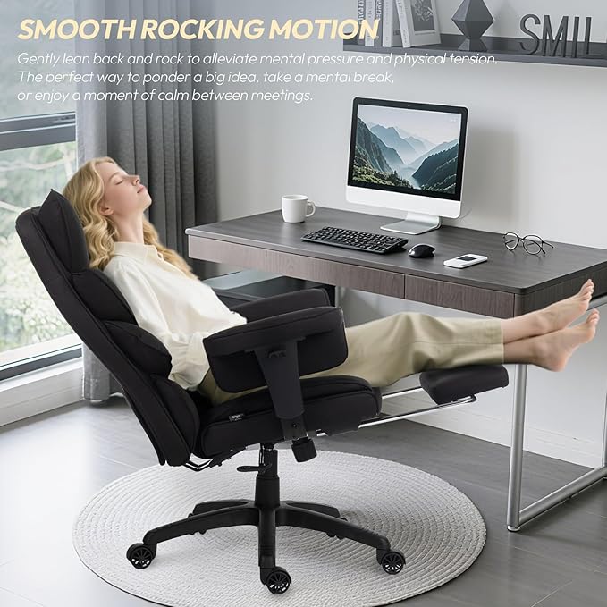 Dowinx Big and Tall Office Chair with Pocket Spring Cushion,High Back Computer Gaming Chairs with Adjustable Armrests,Executive Desk Chairs with Lumbar Support and Footrest,Fabric-Black