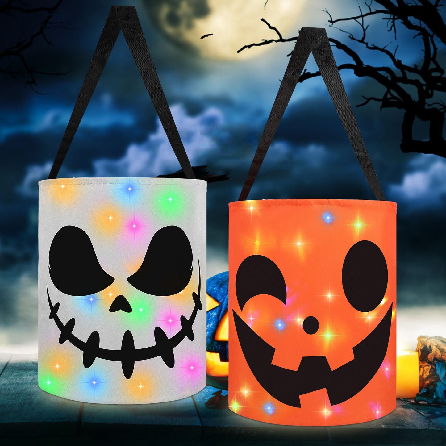 CCINEE 2Pcs Light Up Halloween Trick Or Treat Bucket, Kids Candy Bags for Halloween Party Favors LED Glow in The Dark Goodie Bags for Trick Or Treat Candy Gifts