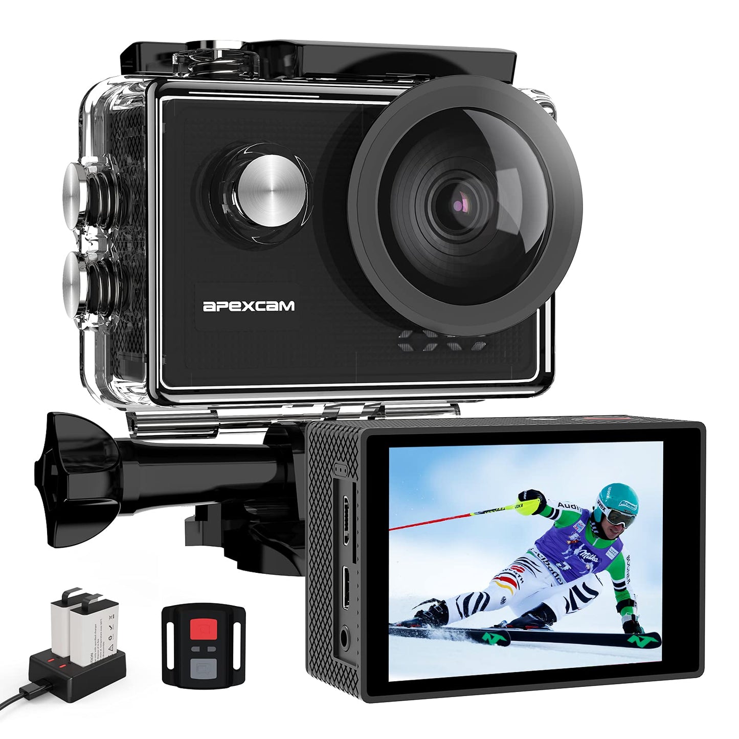 Apexcam 4K 60Fps Action Camera Eis Stabilization 20Mp Sports Cam 40M Waterproof Underwater Camera 8X Zoom Support External Mic W