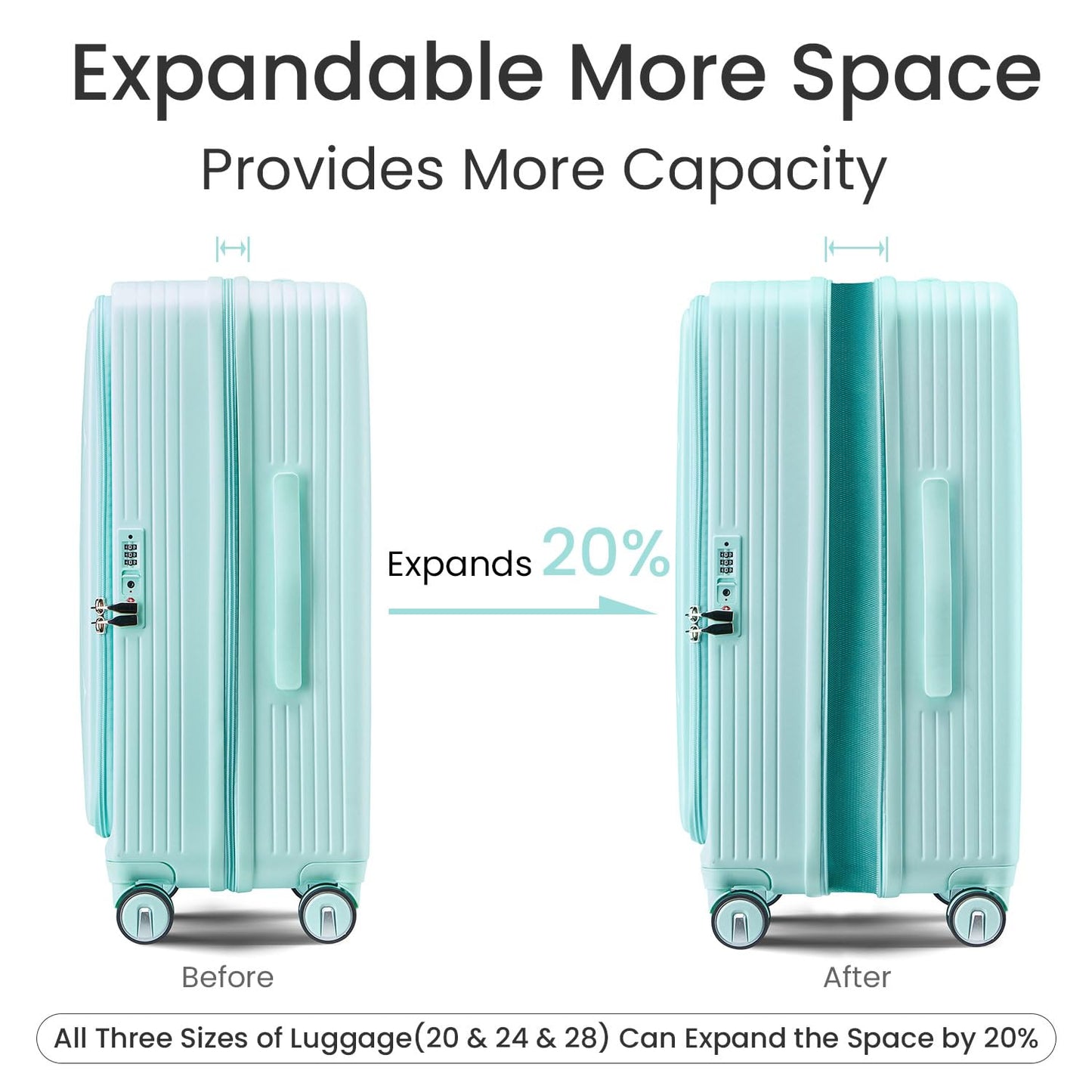 TRAVELEO 3 Piece Luggage Set 100% PC Hardshell, Front Opening Expandable Suitcase (20/24/28) with Laptop Compartment & Free Custom PVC Covers, Trunk Style Lightweight Spinner Wheels TSA Lock