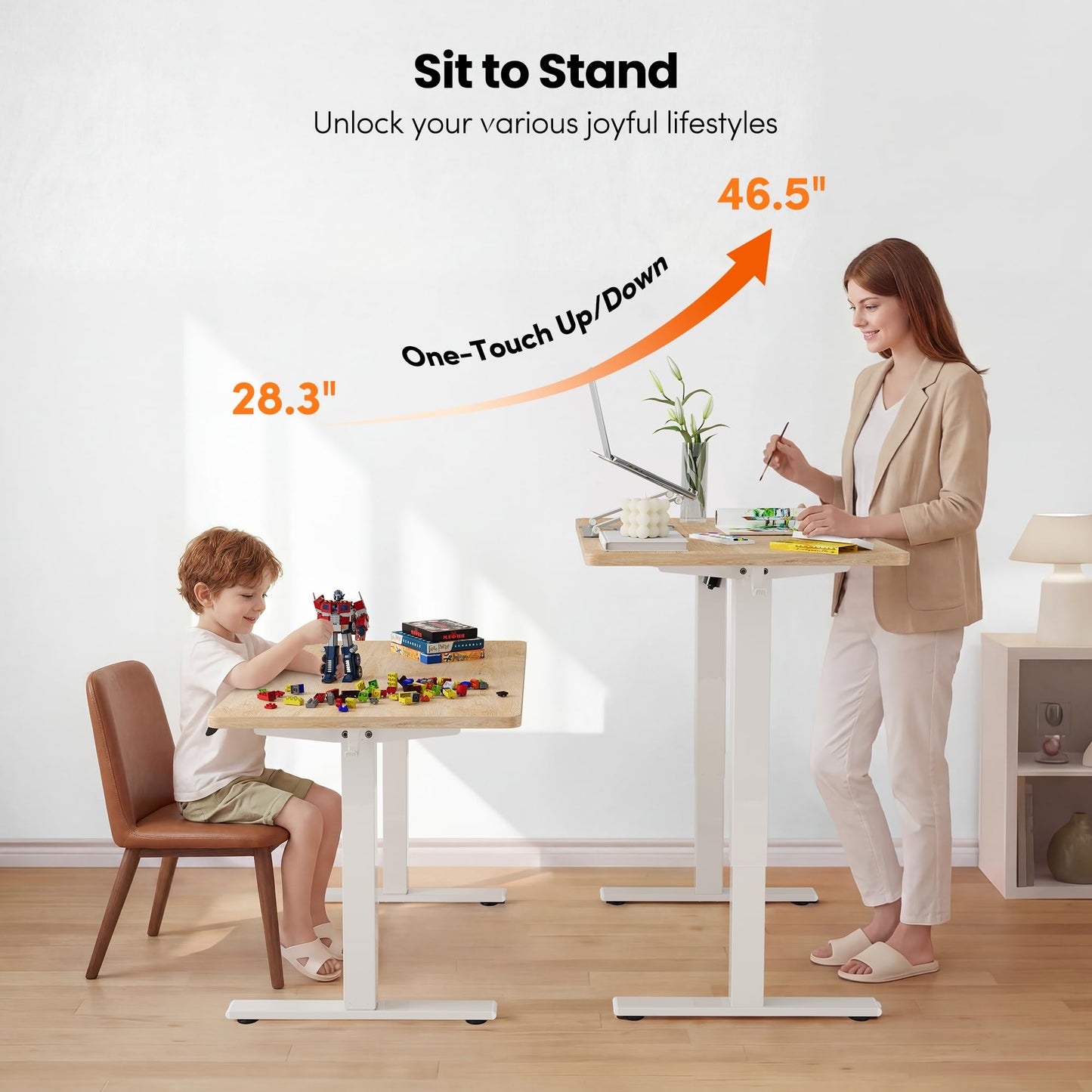 FEZIBO One-Piece Standing Desk, 48"x24" Seamless Tabletop Electric Height Adjustable for Home Office, Study Rooms & Multi-Device Workstations, Maple