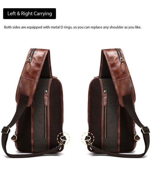 LANNSYNE Men's Vintage Full Grain Leather Sling Bag, Crossbody Chest Daypack fits 10.5" iPad