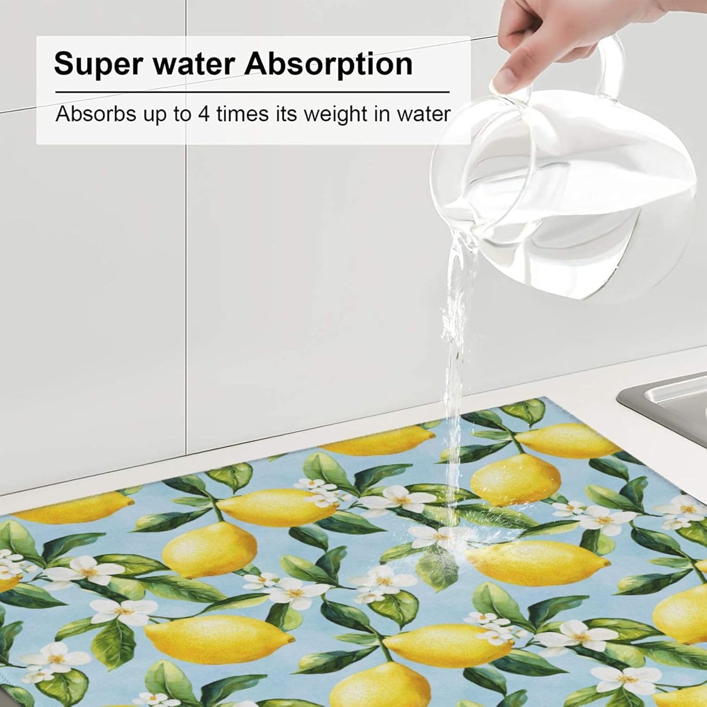 Dish Drying Mat for Kitchen Lemon Watercolor Flower Counter Absorbent Dishes Drainer Microfiber Small 16x18 Inch