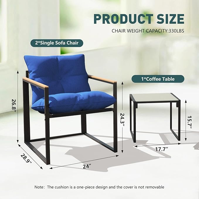 Ophelian 3-Piece Bistro Indoor Patio Set, Textilene Outdoor Patio Furniture,2 Single Chair with Integrated Seat Cushion and 1 Glass Coffee Table,Black/Blue