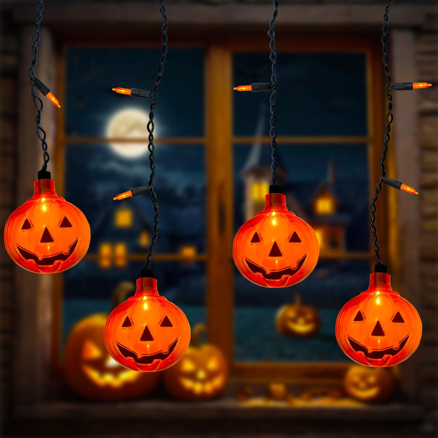 Halloween Pumpkin String Lights, Indoor Curtain With 10 Jack-O'-Lanterns and 25 Mini LED Bulbs, Plug-in for Outdoor Party Bedroom Window