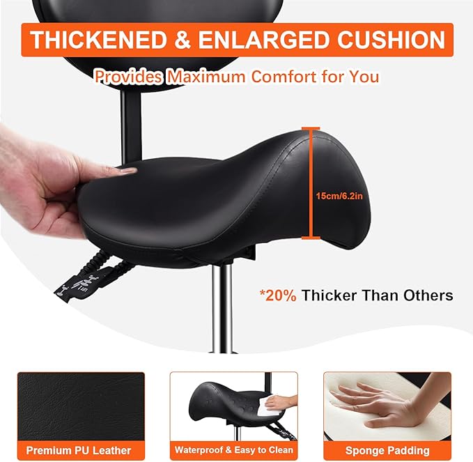 Saddle Stool with Back Support, 400lbs Adjustable Salon with Wheels, Heavy Duty Rolling Ergonomic Rolling Esthetician Seat for Home Office Salon Shop Dentist Clinic, for People 5 ft to5.8 ft Tall