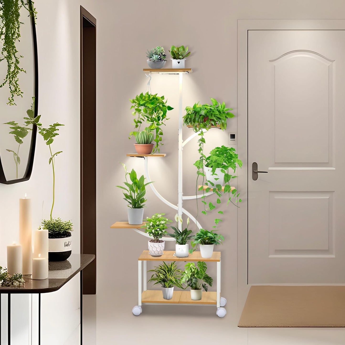 Bornerwhite Plant Stand Indoor with Grow Light, 7 Tiered Plant Shelf with Wheels, 61" Tall Metal Built-in Light Stand for Indoor Plants Display Rack for Living Room Corner Patio Balcony Garden (White)