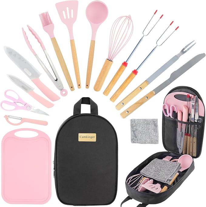 Camkinger Camping Accessories Kitchen Cooking Utensils Set - Portable Outdoor Camp Cookware Set, Silicone Camper Essential...
