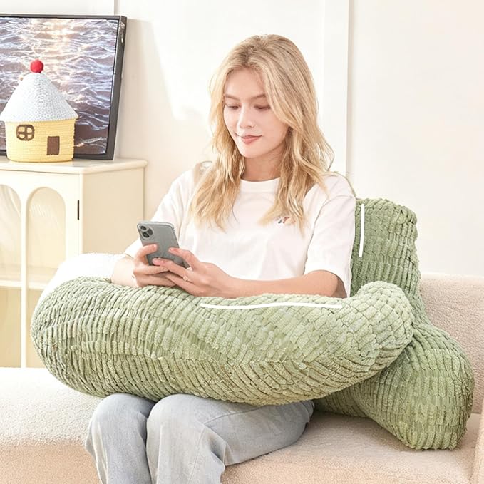 PAJEO Back Pillow for Bed Sitting Up,U Shaped & Back Support Pillow for Bed,19" Backrest with Lumbar & Arm Support,Comfy Corduroy Fabric,Lap Pillow for Gaming/Reading/Watching TV,Green
