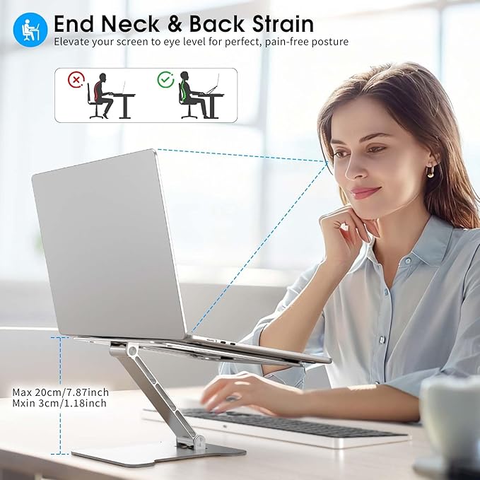 LRLKXF Foldable Aluminum Laptop Stand, Height Adjustable Ergonomic Riser for Collaborative Work,Tablet, Reading and More. Portable Laptop Stand for All 10-16" - Silver