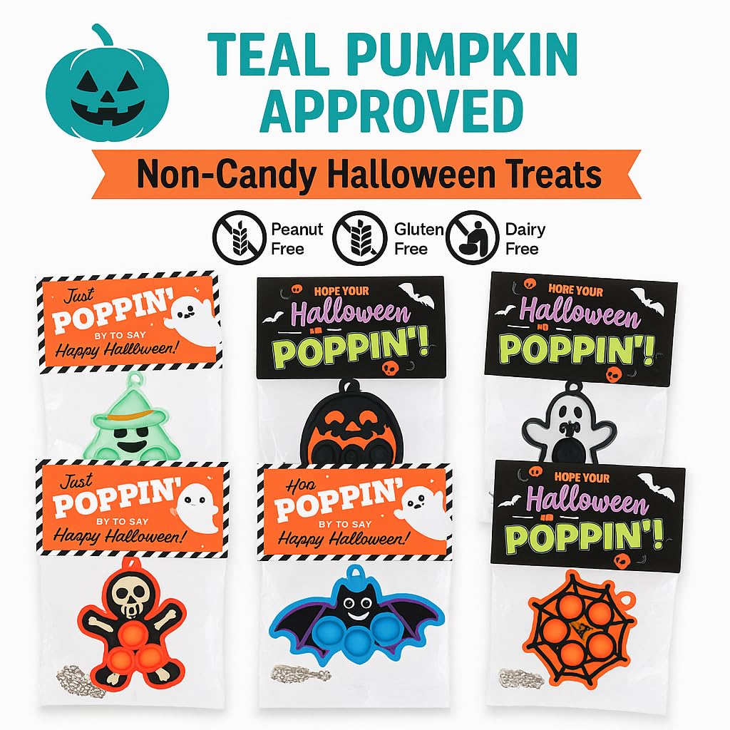 Funeta Halloween Party Favors for Kids – 30 Pack Pop It Fidget Toys Bulk, Fun Spooky Designs, Non-Candy Teal Pumpkin Treats, Trick-or-Treat Handouts, Classroom Goodie Bag Fillers