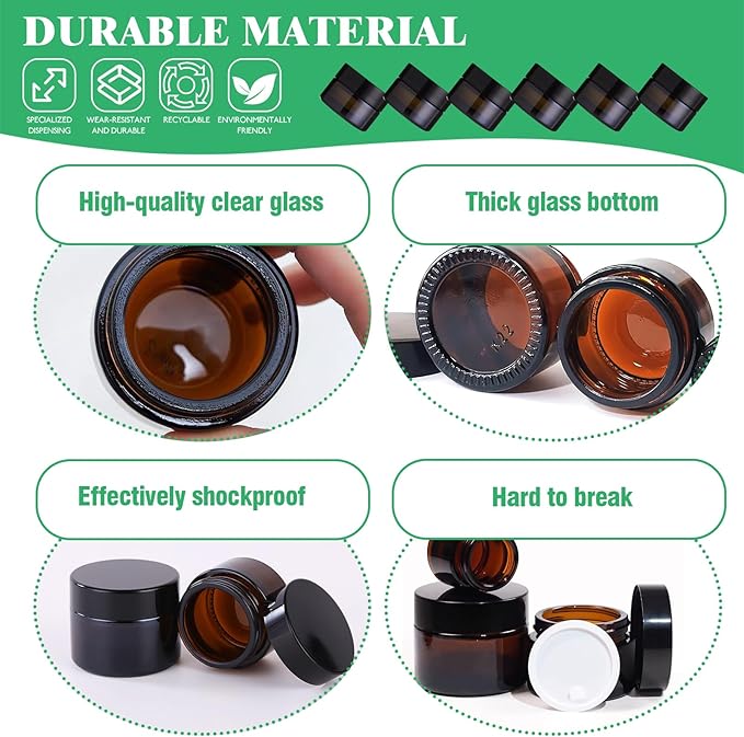 120Pcs 10g Amber Glass Jars Assortment Kit with Inner Liners and Black Lids, Spoons and blank labels for Storing Lip and Body Scrub, Lotion, Body Butter, Bath Salts