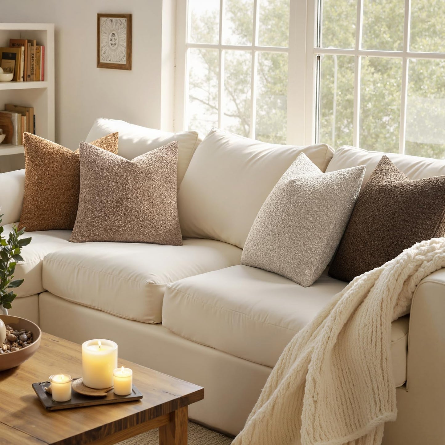 MIULEE Pack of 4 Decorative Textured Boucle Throw Pillow Covers 18x18 Inch Neutral Brown Accent Solid Pillow Cases Couch Cushion Covers for Fall Modern Farmhouse Boho Chair Sofa Bed Room Home Decor