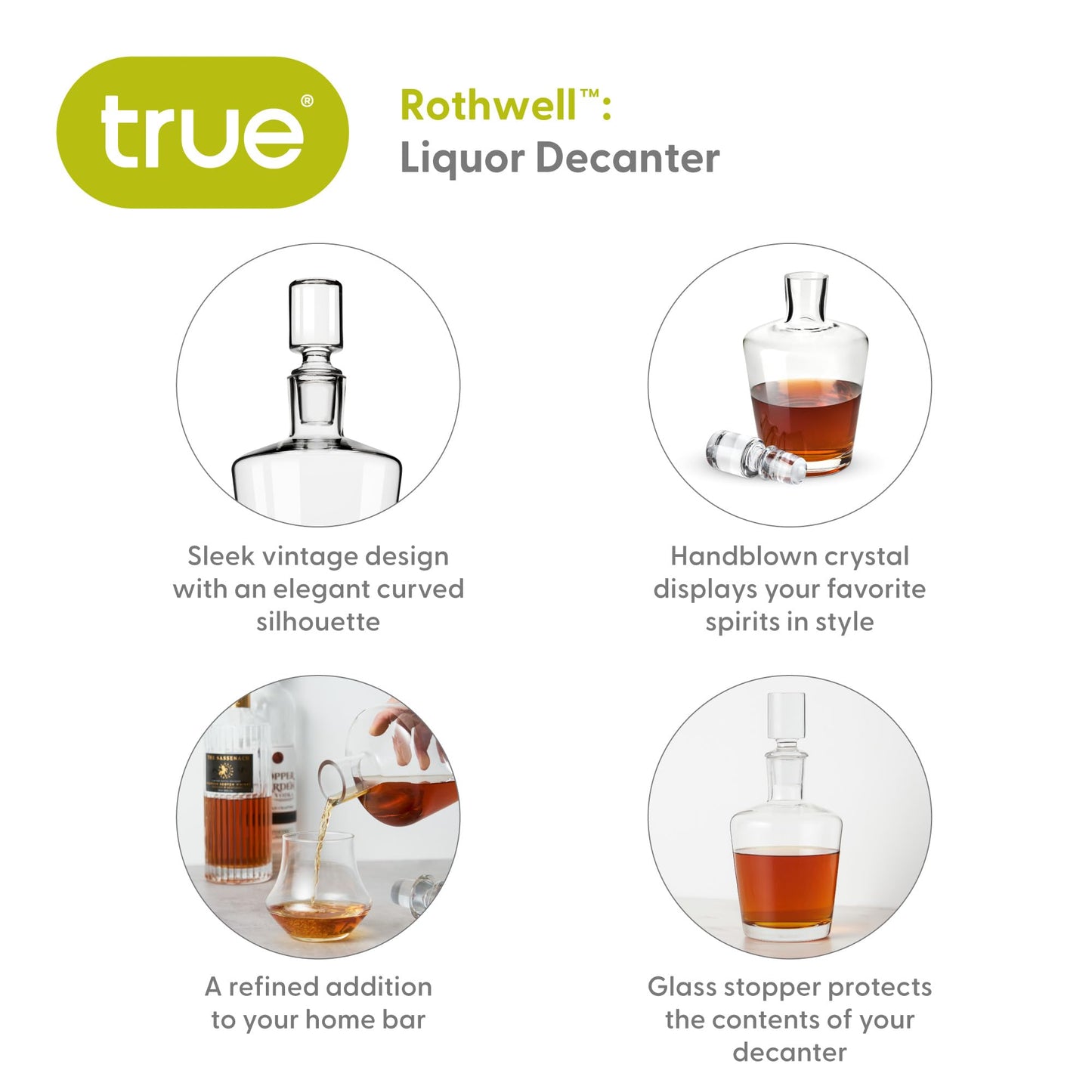 True Rothwell Whiskey Decanter with Airtight Stopper, Liquor Decanters for Bourbon Scotch Vodka Gin Cocktail Party Home Bar Accessories 36 oz Set of 1
