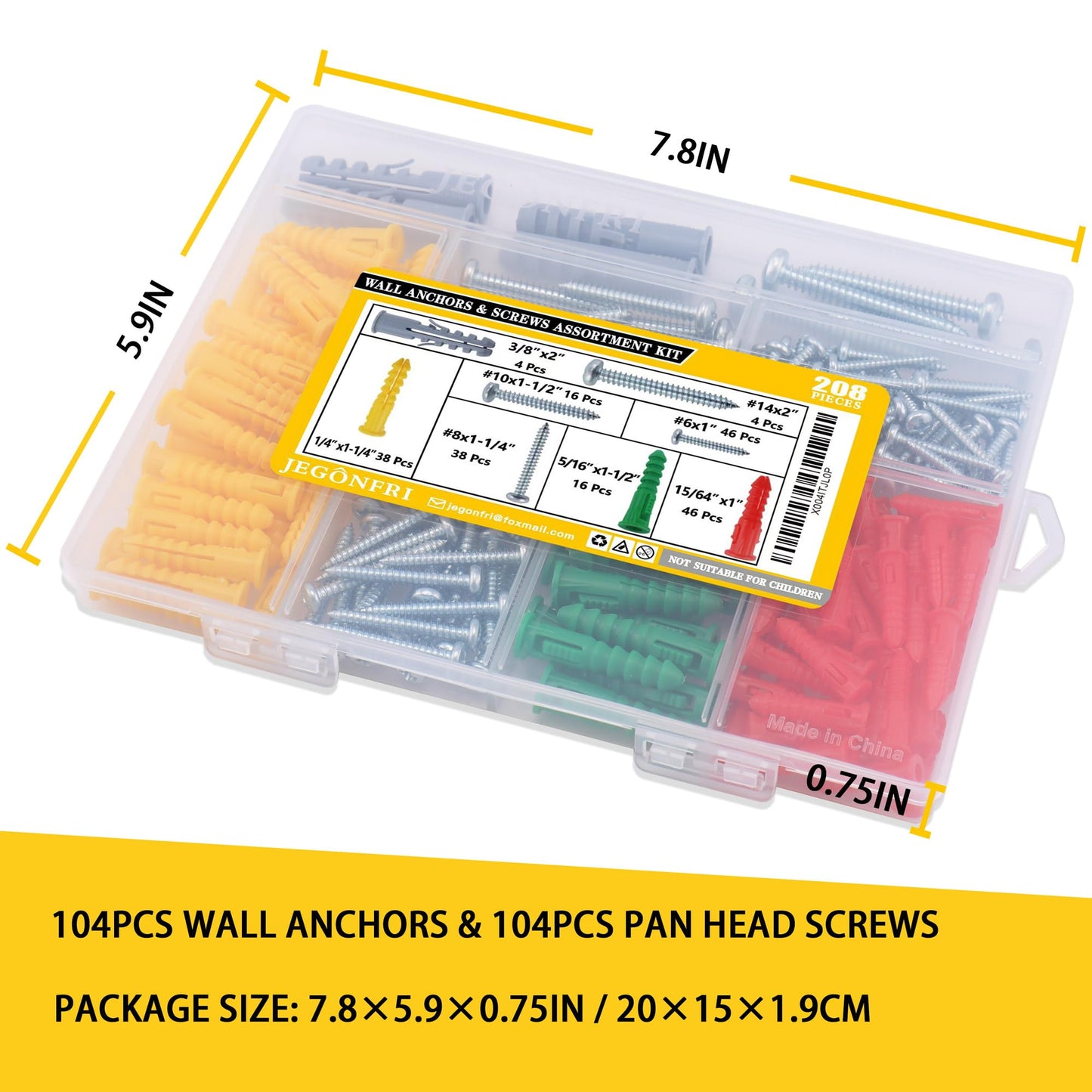 JEGONFRI 208PCS Drywall Anchors and Screws Assortment Kit, Wall Anchors and Screws Kit, 4 Sizes Plastic Anchors and Matched Phillips Pan Head Screws