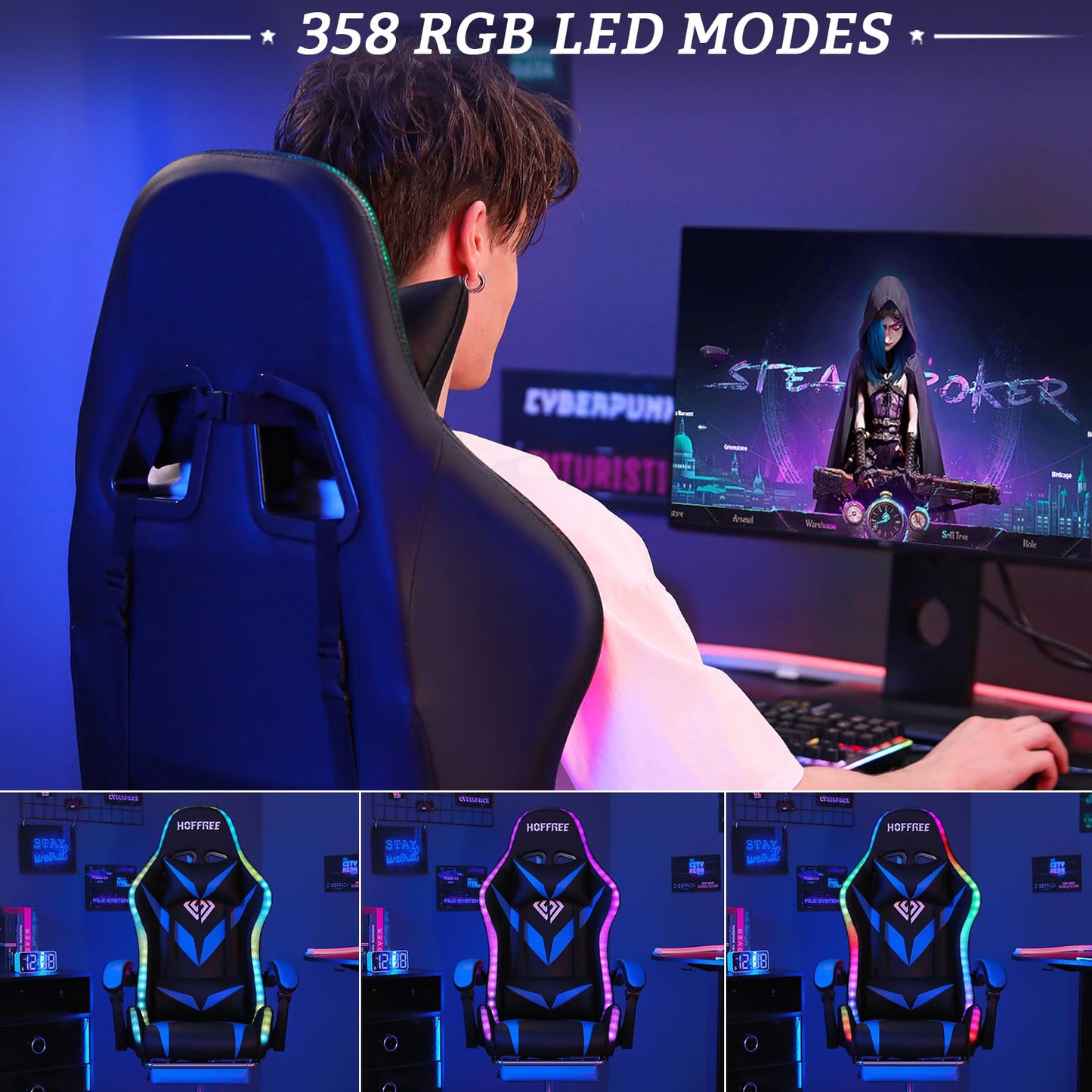 RGB Gaming Chair with Massage and LED Lights Ergonomic Video Game Chairs with Footrest High Back Reclining Computer Chair with Adjustable Lumbar Support Blue and Black