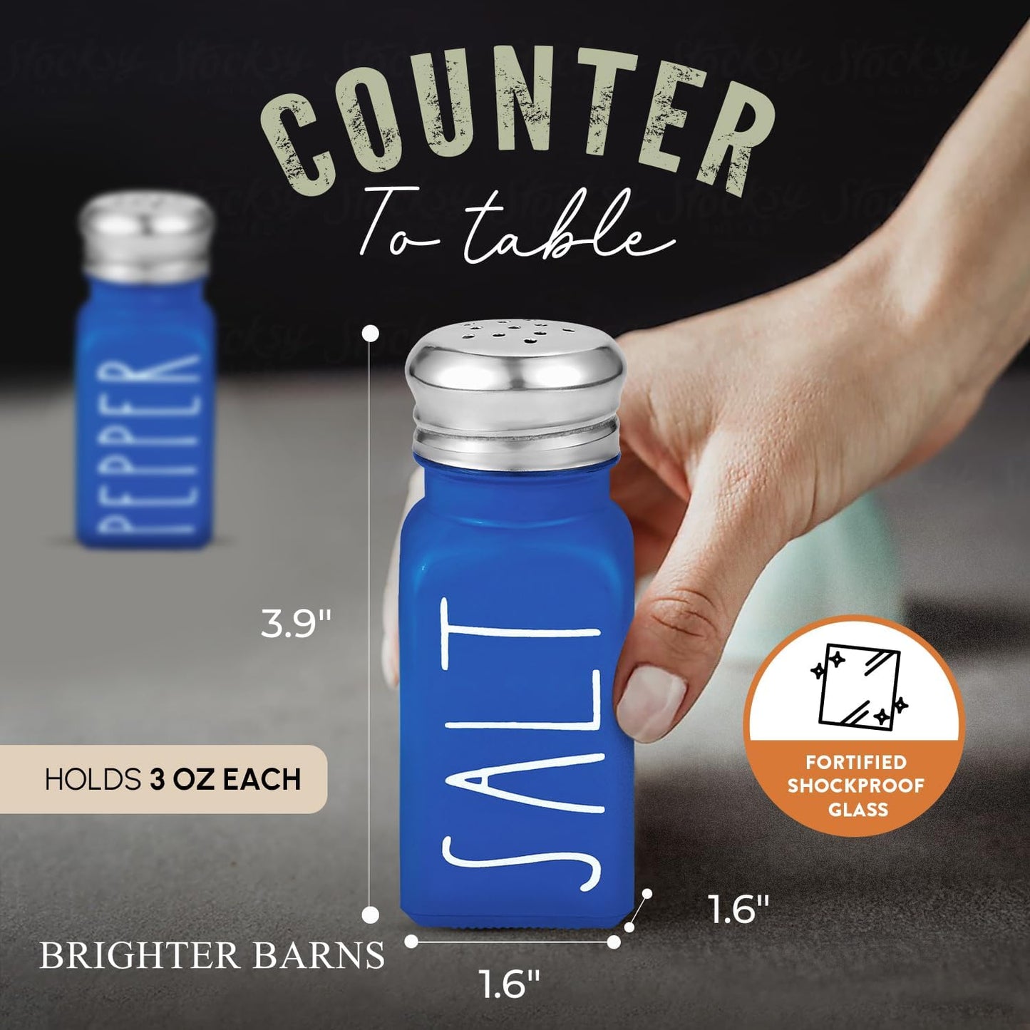 Blue Salt and Pepper Shakers Set by Brighter Barns - Cute Glass Shakers with Stainless Steel Lids - Modern Farmhouse Kitchen Decor and Accessories for Home, Restaurants, Hotel, Vacation Rental (Blue)