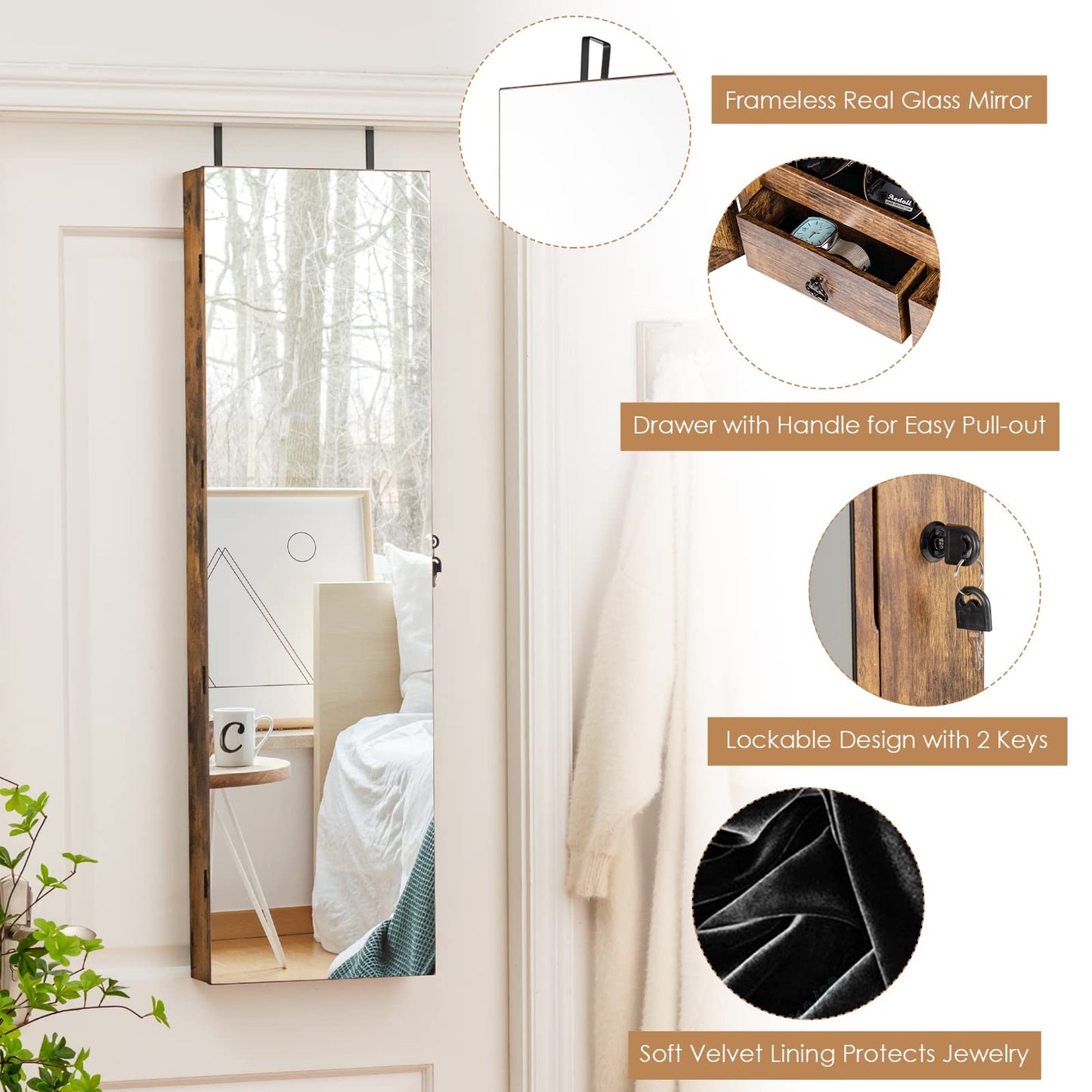 MAT EXPERT Jewelry Armoire, Wall Door Mounted Hanging Jewelry Organizer w/Full-length Mirror, 2 LED Lights and 2 Drawers, Lockable Large Storage Mirror Jewelry Cabinet for Bedroom (Brown)