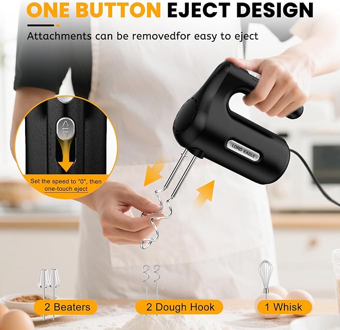 Lord Eagle 5-Speed Hand Mixer Electric, 300W Compact Handheld Mixer, Portable Kitchen Egg Beater with 5 Attachments & Storage Bag, Cake Supplies for Bread Dough Baking, Lightweight, Black