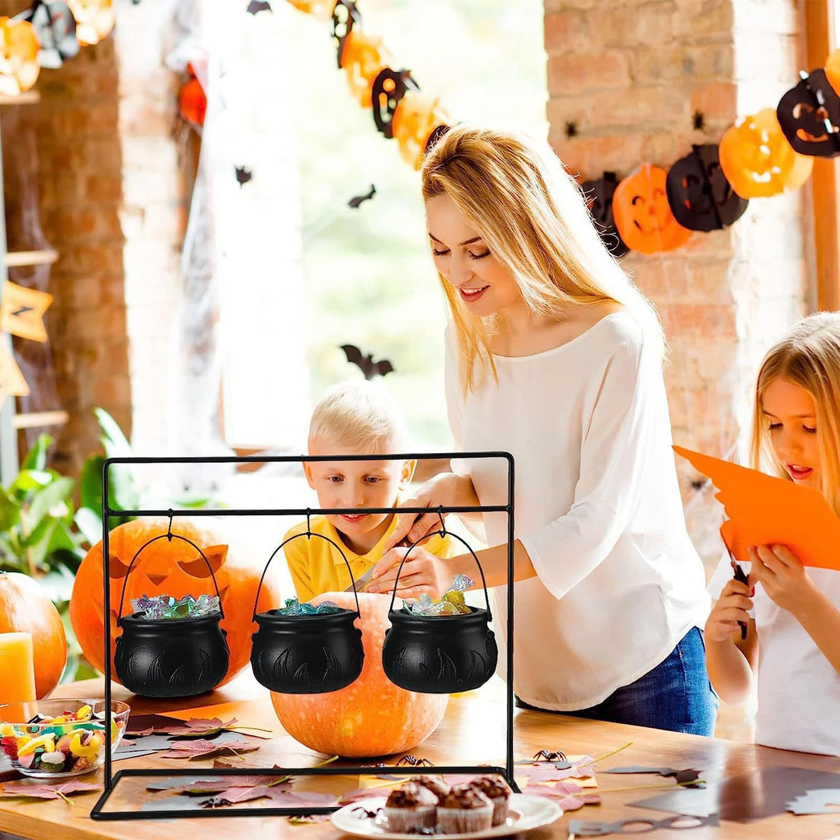Ochine Set of 3 Witches Cauldron Candy Serving Bowls on Rack, Trick or Treat Bowl Funny Halloween Cauldron Candy Holder for Halloween Decorations