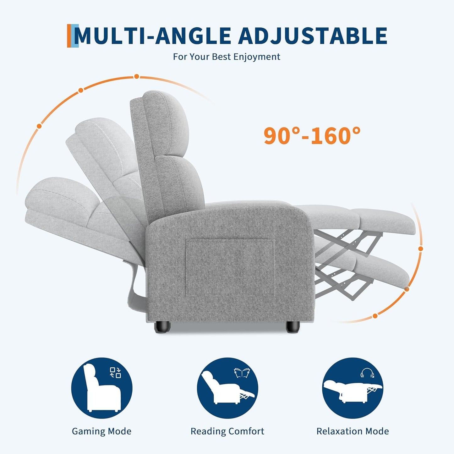 Push Back Recliner Chair for Adults - Ergonomic Single Sofa with Tall Back, Wide Arms & Padded Seat, Side Pocket for Remote - Adjustable Lazy Reclining Chair for Living Room Home Theater Seating