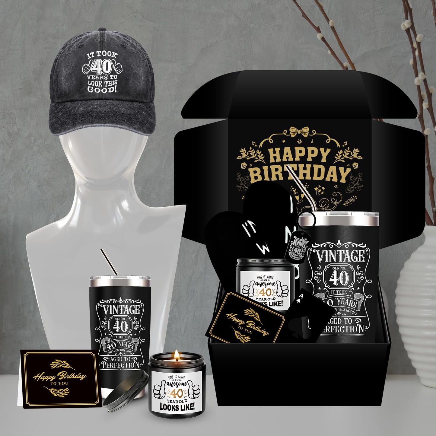 JTAMOHI 40th Birthday Gifts for Men - Unique Box with 20 Oz Tumbler, Scented Candle, Socks, Baseball Cap for Husband, Dad, Friends, Coworker, Teachers, Boss