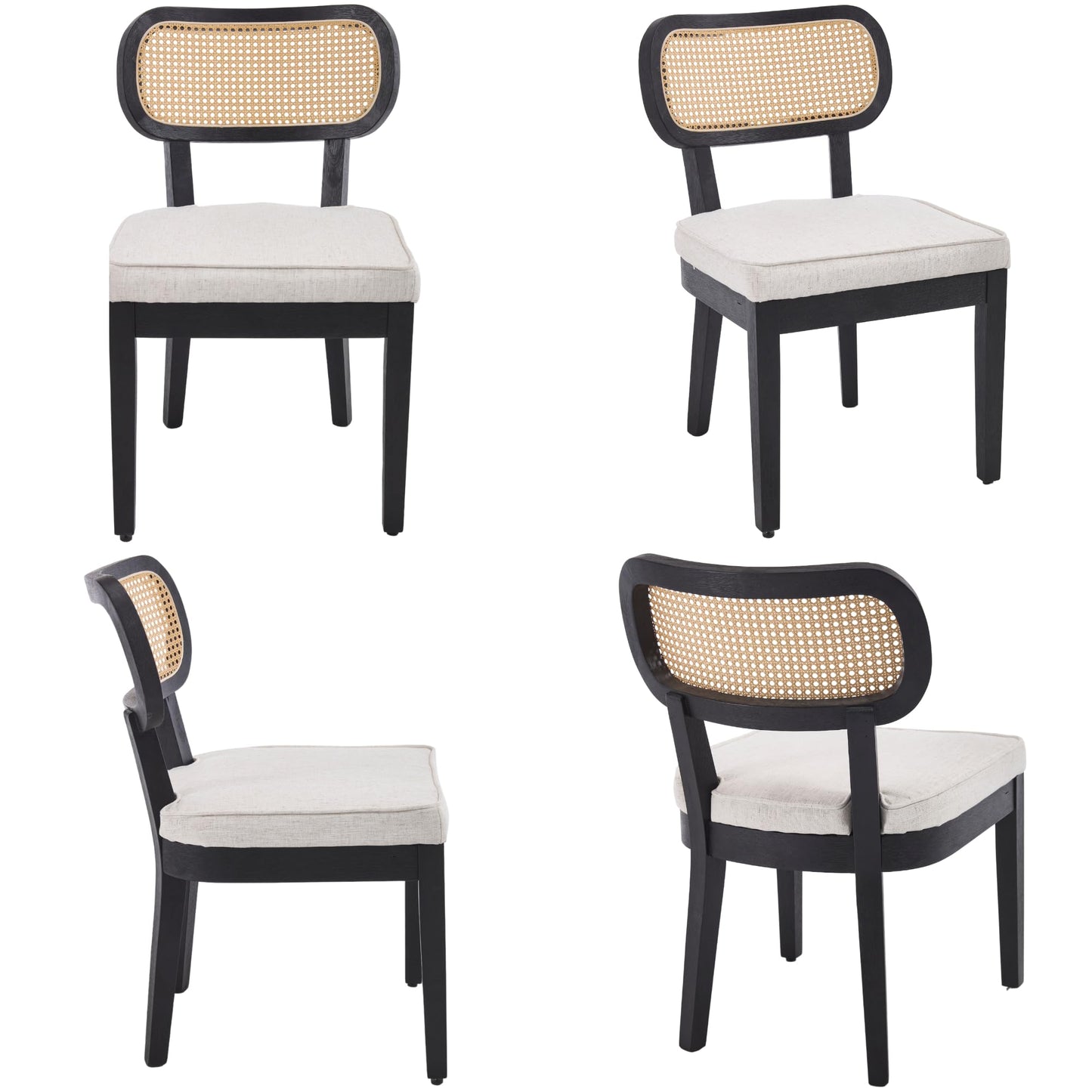 BESTANO Rattan Dining Chairs Set of 4 Beige Linen Rustic Modern Dining Room Chairs with Cane Backrests
