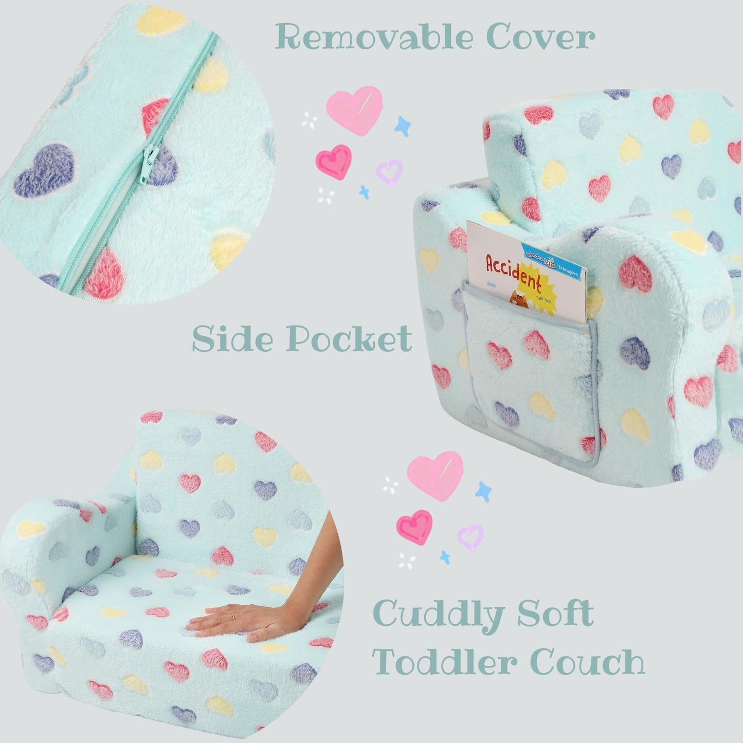 MOMCAYWEX Extra Wider Seating Toddler Couch, 2-in-1 Toddler Soft Couch Fold Out with Star Pillow, Convertible Sofa to Lounger for Girls and Boys