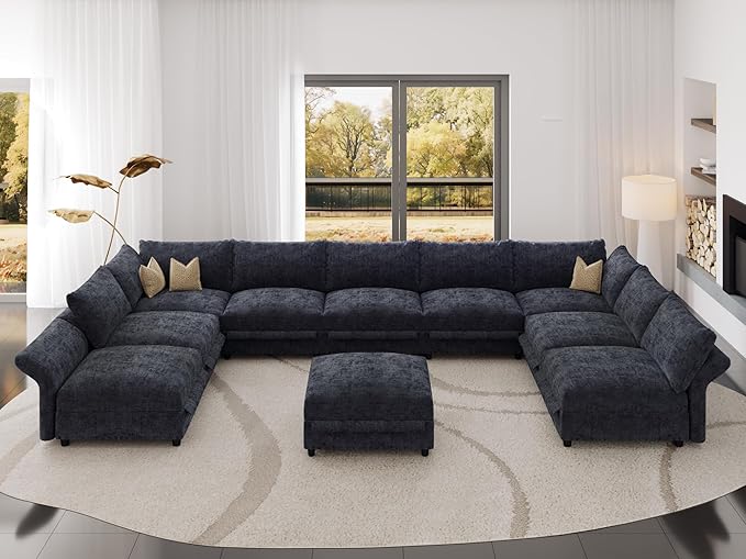 DreamDashio 193" Oversized Modular Sectional Sofa with Storage, U Shaped Sectional Cloud Couch for Living Room with Adjustable Arms Backs, Thick Cushions 10 Seater, Dark Grey Chenille