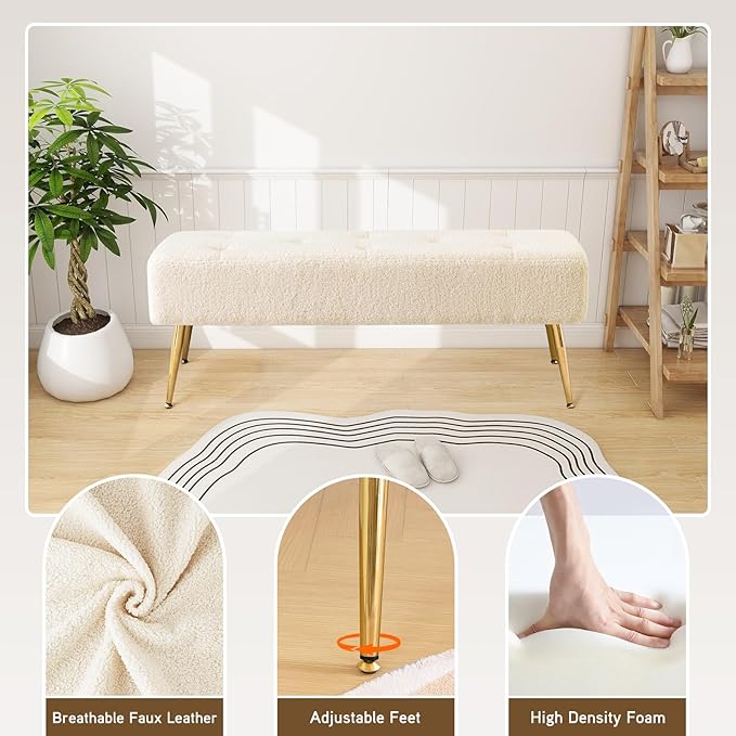 Furnimart Faux Fur Boho Bench Ottoman Upholstered Tufted Bench with Padded Seat, Footrest Foot Stool with Sturdy Metal Leg, for Bedroom Living Room Entryway