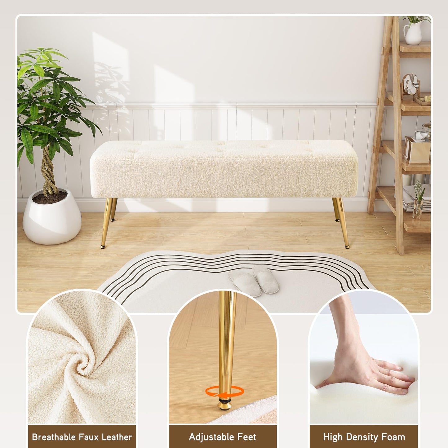 Furnimart Faux Fur Boho Bench Ottoman Upholstered Tufted Bench with Padded Seat, Footrest Foot Stool with Sturdy Metal Leg, for Bedroom Living Room Entryway