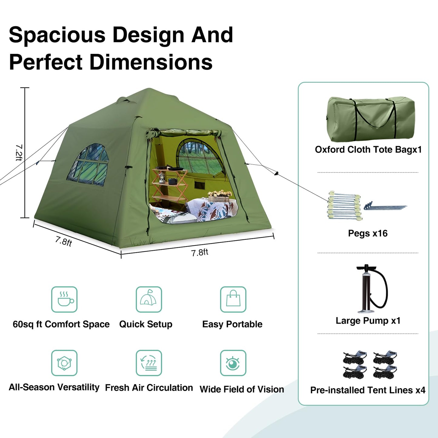 KNUO Inflatable Tent for Winter Camping 7.8x7.8ft Blow Up Air Tents, No Assembly Needed Luxury Glamping Tent for 1/2/3 People, Waterproof Oxford, Field Green