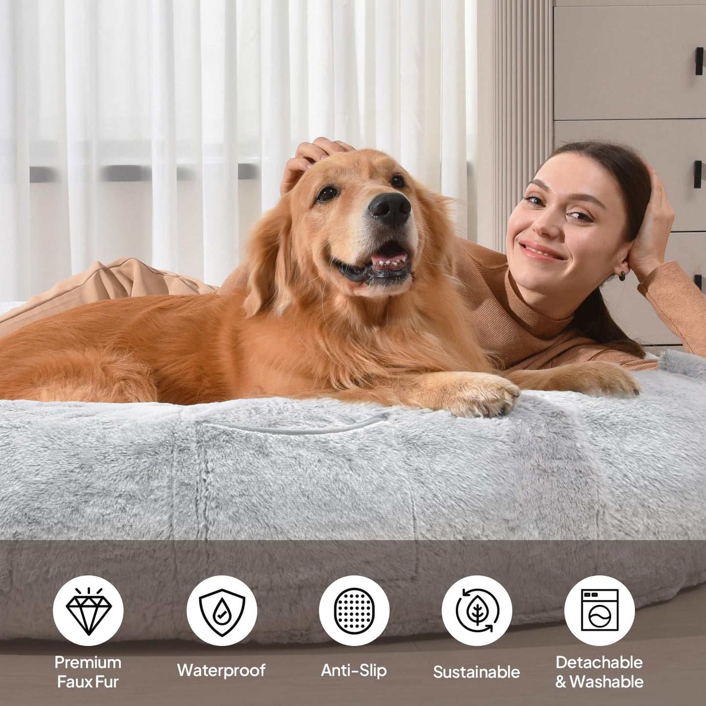 Human Dog Bed for People Large - Bean Bag Adult Size Giant Extra Sized for Kid Waterproof and Washable Anti-Slip Grey 74" x50" x12" (Grey White)