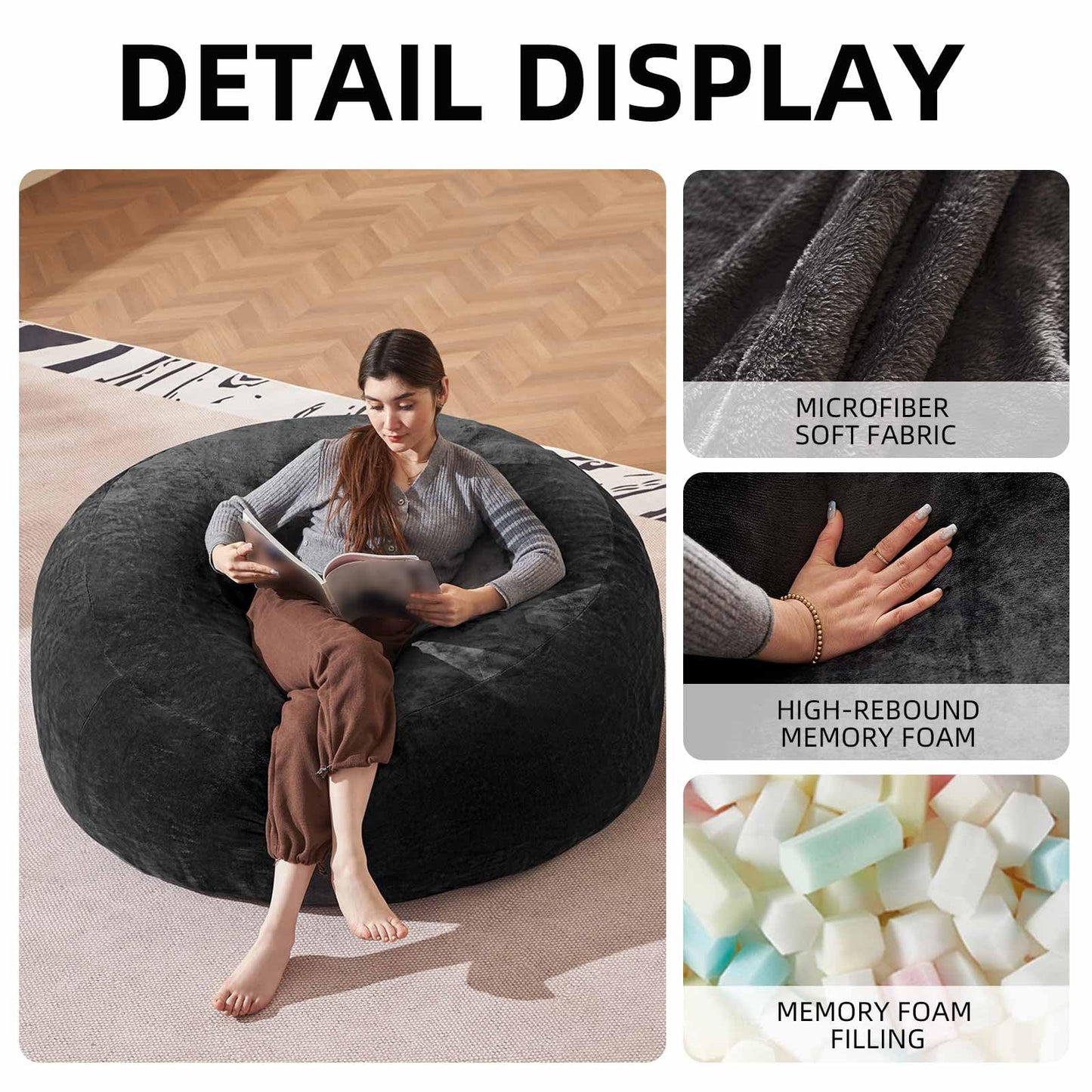 Bean Bag Chair 5Ft, Memory Foam Filled, Large Beanbag Chairs for Adults and Teens, Soft Sofa with Removable Flannel Cover, Round Couch for Living Room Bedroom College Dorm (Black, 5FT-60×60"×24")